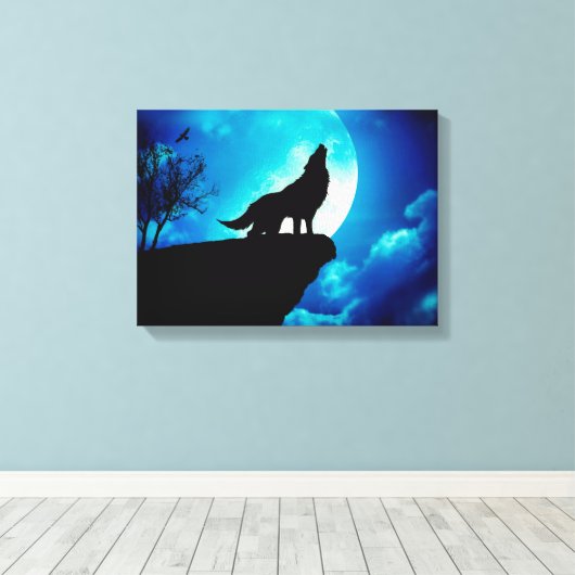 Wolf in silhouette die naar de volle maan kijkt canvas afdruk (Insitu (Houten vloer))