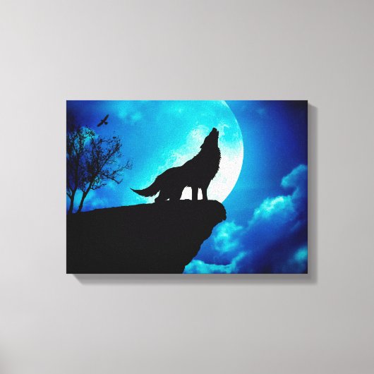 Wolf in silhouette die naar de volle maan kijkt canvas afdruk (Voorkant)