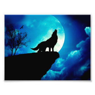 Wolf in silhouette die naar de volle maan kijkt foto afdruk