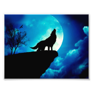 Wolf in silhouette die naar de volle maan kijkt foto afdruk