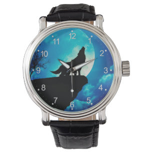 Wolf in silhouette die naar de volle maan kijkt horloge