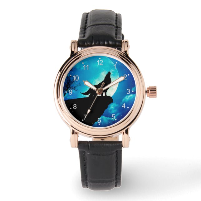 Wolf in silhouette die naar de volle maan kijkt horloge (Voorkant)