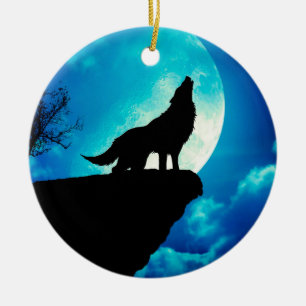 Wolf in silhouette die naar de volle maan kijkt keramisch ornament