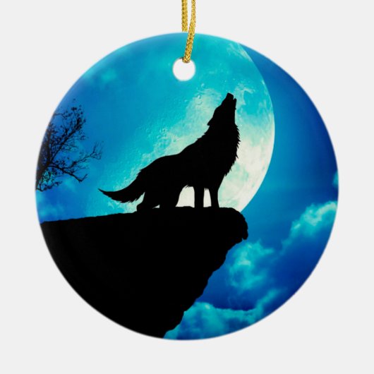 Wolf in silhouette die naar de volle maan kijkt keramisch ornament (Voorkant)