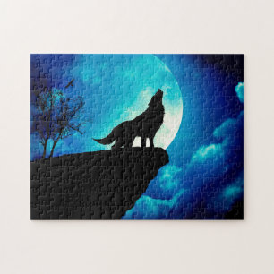 Wolf in silhouette die naar de volle maan kijkt legpuzzel