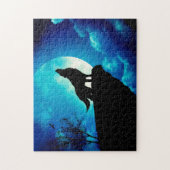 Wolf in silhouette die naar de volle maan kijkt legpuzzel (Verticaal)