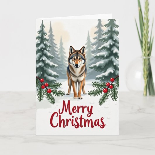 Wolf in Snow Merry Christmas Card Forest Scene Kaart (Voorkant)