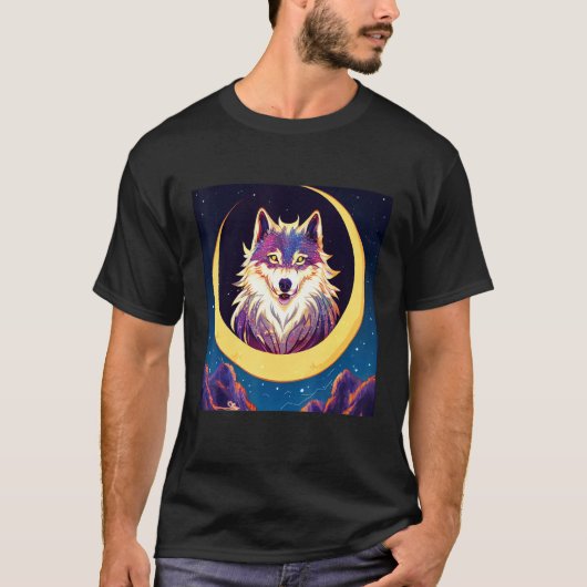 Wolf in the Crescent Moon Design T-shirt (Voorkant)
