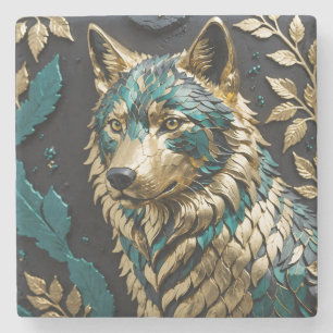 Wolf in turkoois en goud met bladeren stenen onderzetter