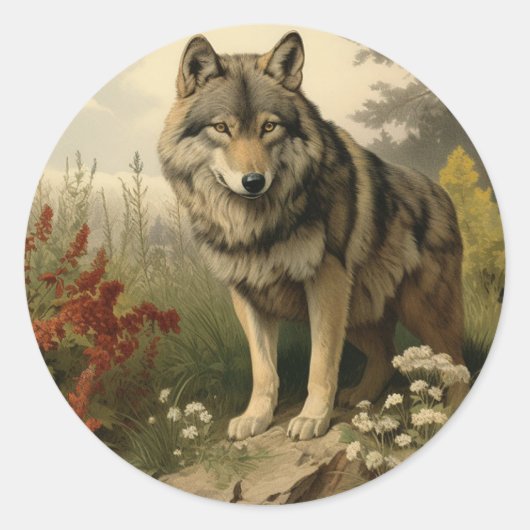 Wolf in weide ronde Sticker (Voorkant)