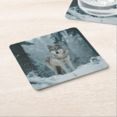 Wolf in Winter Kartonnen Onderzetters (Schuin)