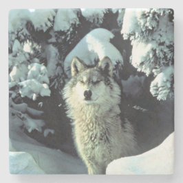 Wolf in Winter Woud Natuur Kunst Stenen Onderzetter