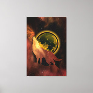 WOLF JUIKT IN DE MAAN MELKWEG CANVAS AFDRUK