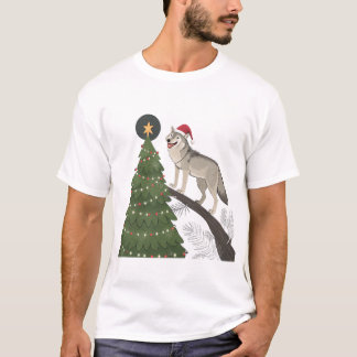 Wolf Kerst Grappige Kerstboom Dragen Santa Hat T-shirt