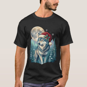 Wolf Kerst Santa Hoed Volle Maan Dennenbos T-shirt