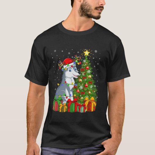 Wolf kerstboom verlichting kerstmuts wolf kerst t-shirt (Voorkant)