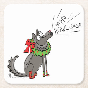 Wolf KerstHappy Howlidays Funny Kartonnen Onderzetters