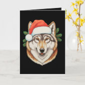 Wolf Kerstmis Xmas Kerstman Muts Dier Feestdag Kaart (Gele Bloem)