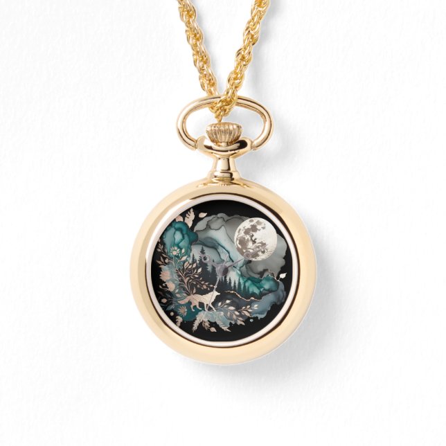 Wolf Landschap & Maan Blauwgroen Goud Horloge (Voorkant)