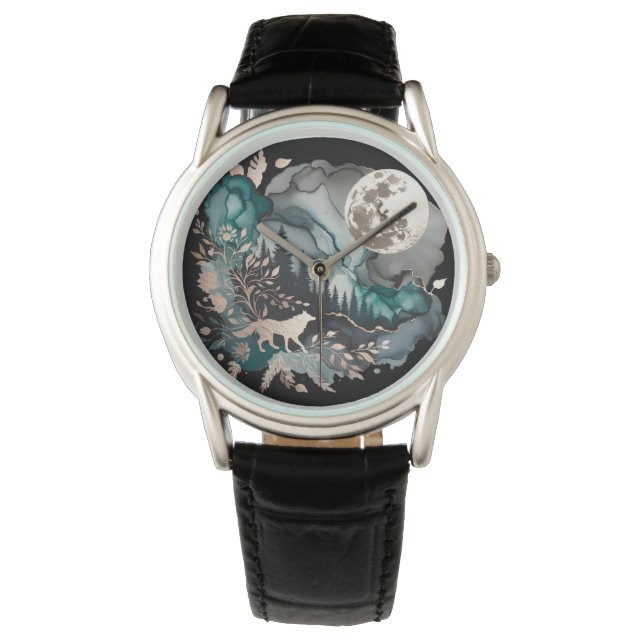 Wolf Landschap & Maan Blauwgroen Goud Horloge (Voorkant)