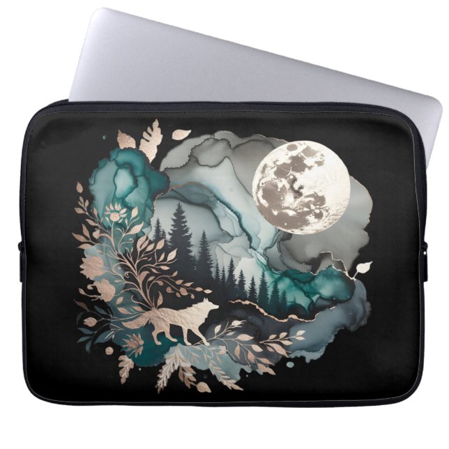 Wolf Landschap & Maan Blauwgroen Goud Laptop Sleeve (Voorkant)