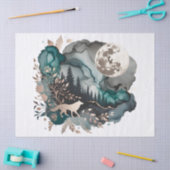 Wolf Landschap & Maan Blauwgroen Goud Tissuepapier (Craft)
