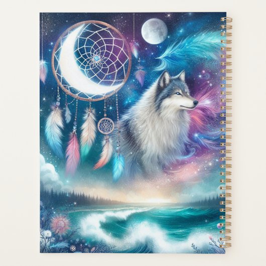 Wolf, Maan en een Dreamcatcher en Waves Planner (Achterkant)