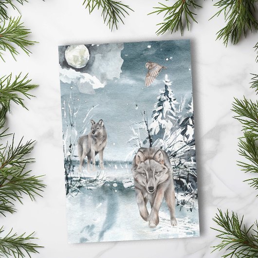 Wolf Maan Winterlandschap Waterverf Tissuepapier