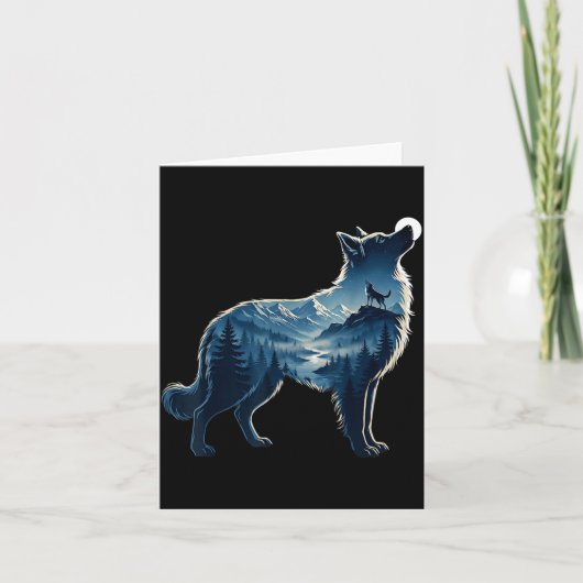 Wolf maanverlichte berg bos blootstelling kunst kaart (Voorkant)