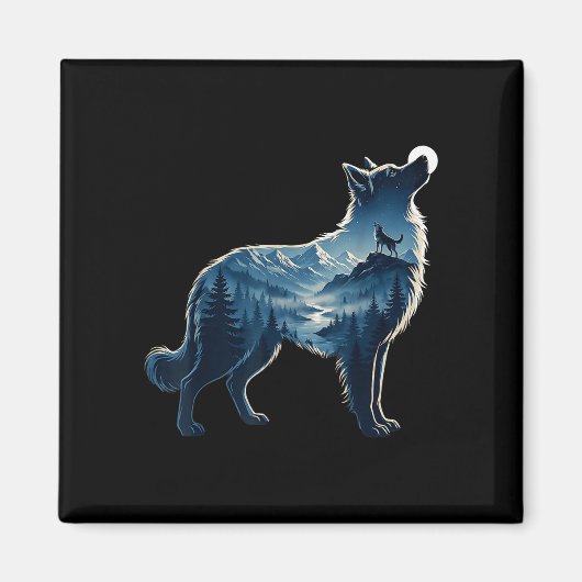 Wolf maanverlichte berg bos blootstelling kunst magneet (Voorkant)