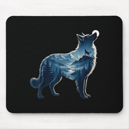 Wolf maanverlichte berg bos blootstelling kunst  muismat (Voorkant)