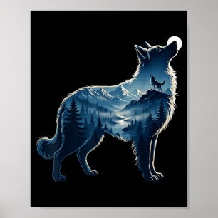 Wolf maanverlichte berg bos blootstelling kunst poster