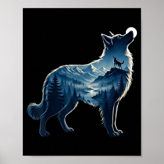 Wolf maanverlichte berg bos blootstelling kunst poster (Voorkant)
