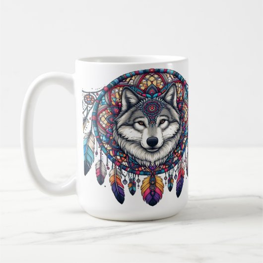 Wolf Mandala Design met Dreamcatcher en veren Koffiemok (Links)