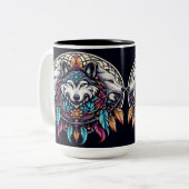 Wolf Mandala met levendige kleuren en Dreamcatcher Tweekleurige Koffiemok (Voorkant links)
