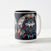 Wolf Mandala met levendige kleuren en Dreamcatcher Tweekleurige Koffiemok (Voorkant rechts)
