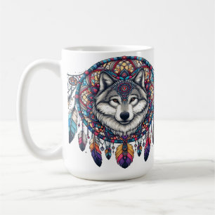 Wolf Mandala Ontwerp Met Droomvanger en Veren Koffiemok