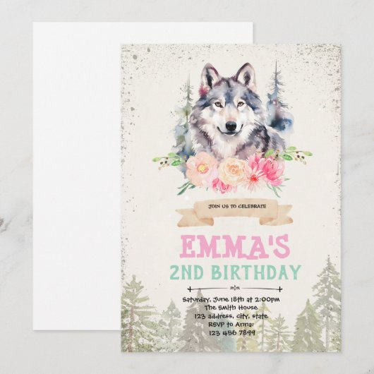 Wolf meisje verjaardagsfeestje uitnodiging (Voorkant / Achterkant)