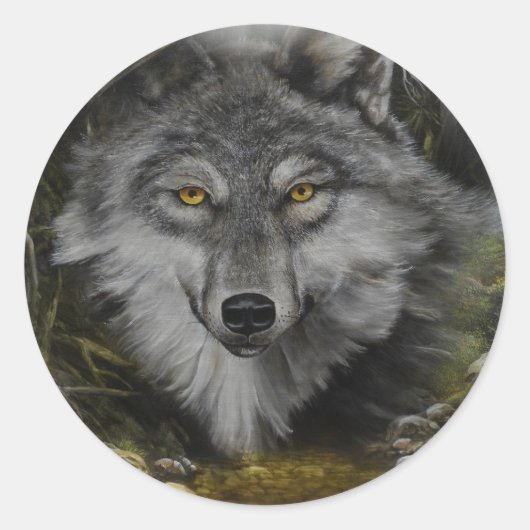 Wolf mengt zich in rivierschilderij ronde sticker (Voorkant)