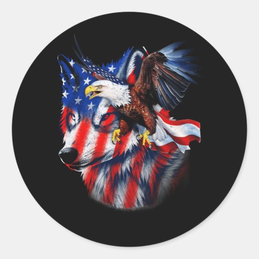 Wolf met Bald Eagle Amerikaanse vlag Independence  Ronde Sticker (Voorkant)
