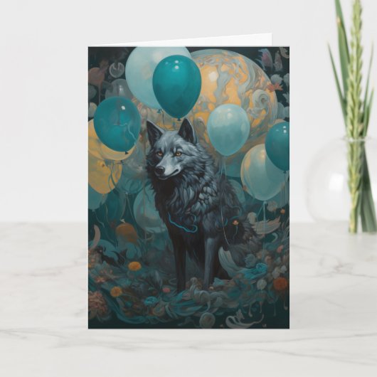 Wolf met ballonnen Verjaardag Kaart (Voorkant)