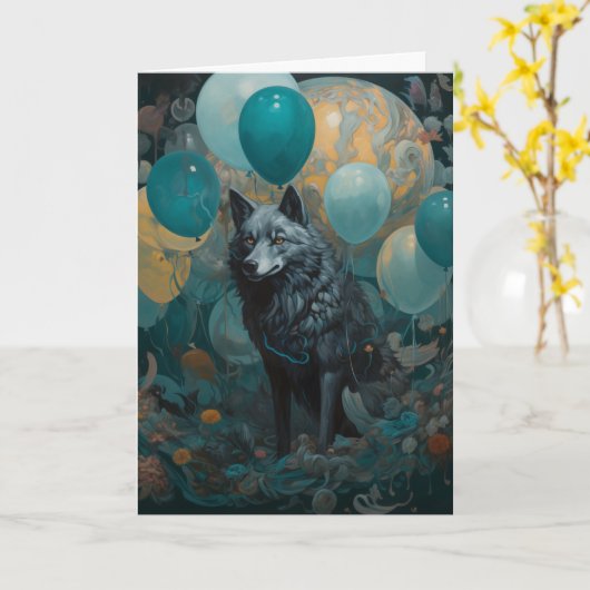 Wolf met ballonnen Verjaardag Kaart (Gele Bloem)