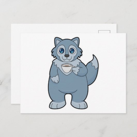 Wolf met beker koffie briefkaart (Voorkant / Achterkant)