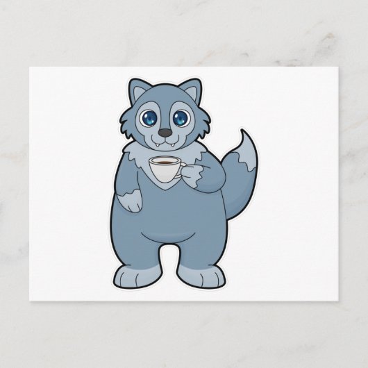 Wolf met beker koffie briefkaart (Voorkant)