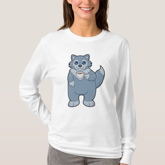 Wolf met beker koffie t-shirt (Voorkant)