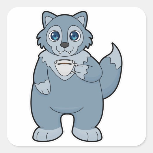 Wolf met beker koffie vierkante sticker (Voorkant)
