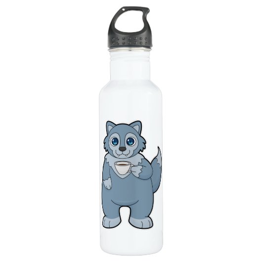 Wolf met beker koffie waterfles  (Voorkant)