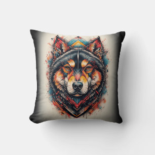 Wolf met geometrische elementen en levendige kleur kussen