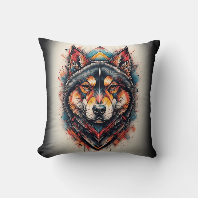 Wolf met geometrische elementen en levendige kleur kussen (Voorkant)