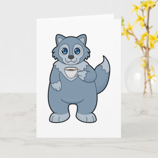 Wolf met kopje koffie kaart (Gele Bloem)